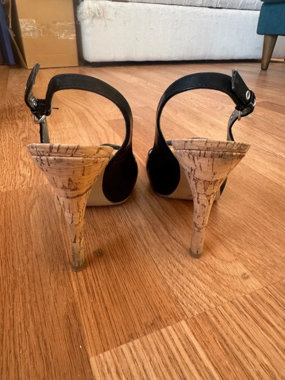 Guess black patent slingbacks with cork heels